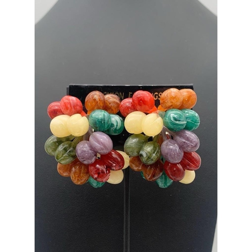 Vintage NOS Colorful Chunky Cha Cha Marbled Lucite‎ Clip On Earrings